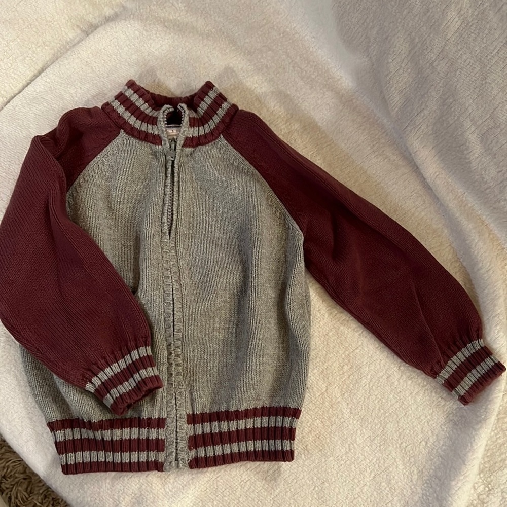 Size 3T gray/maroon zip up sweater with football theme